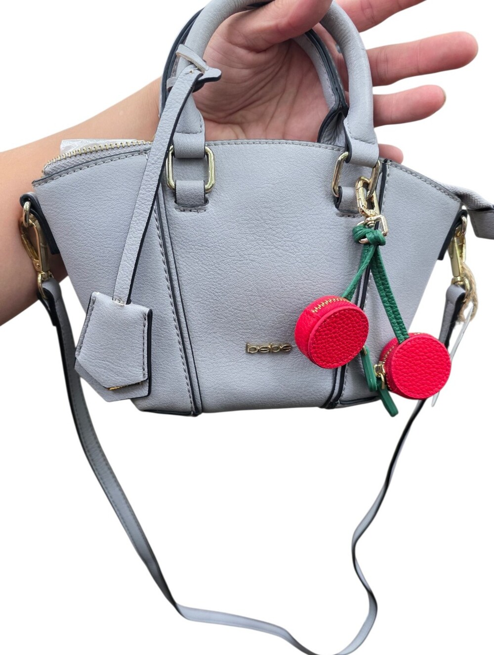 bebe Light Gray Mini Satchel with Red Cherry Charm